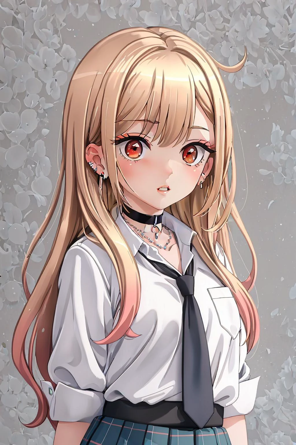 (masterpiece, best quality:1.2),<lora:chara_SonoBisqueDoll_KitagawaMarin_v1:0.7>,kitagawa marin sb,blonde hair,kitagawa marin,long hair,bangs,jewelry,red eyes,ear piercing,earrings,multicolored hair,choker,shirt,black choker,white shirt,school uniform,choker,white shirt,pleated skirt,blue skirt,blue necktie green eyes, black dress, earrings, earrings, earrings, accessories, red eyes, rose, bracelets, black earrings, earrings, black choker, earrings, earrings, upper upper upper upper upper body