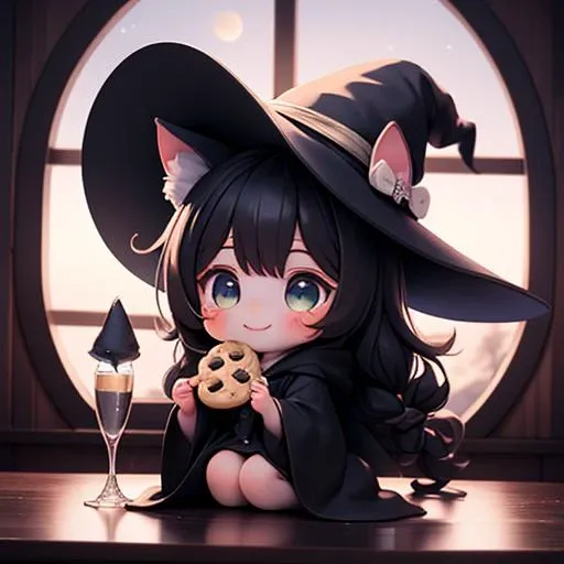 (masterpiece, high quality) a magical chibi whitch catgirl, black hair, star eyes,happy expression, wearing a witch's hat,black robes,eating cookies, moonlight shining through window