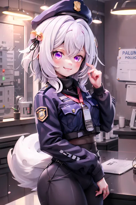 filian, 1girl, (solo:1.2), purple eyes, smiling, hair ornament, looking at viewer, hair bell, white hair, blush, tail, (police uniform:1.2), police station, indoor, <lora:filianV2:0.8>