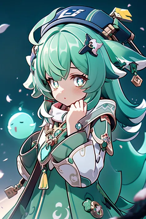 a girl,Raise your arms high,There is a green energy ball in the palm of your hand