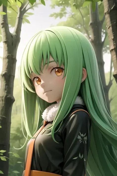 masterpiece, best quality, wallpaper, 1girl, solo, looking at viewer, upper body, depth of field, anime coloring, , <lora:amber_darker_than_black:0.72>, amber_darker_than_black, green hair, orange eyes, , gothic costume, The Forest of Mirrors: A place where reality is distorted and nothing is as it seems,