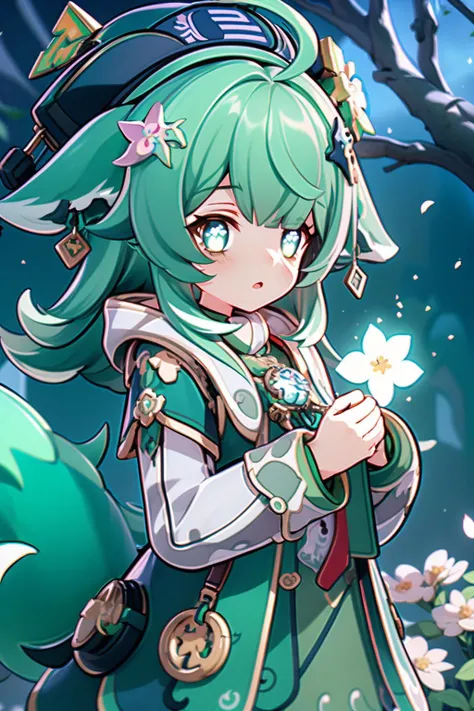 2d:1.2), wide shot, (dynamic angle:1.1), outline, ((thick lineart)), cover, stylish, official art, (details:1.2), (fantasy), garden, (bloom:1.1), glow:0.2, shadow, nature, cherry blossoms, particles, (depth of field), sharp focus, (volumetric lighting), (bokeh:0.6), film grain:0.4, (soft lighting:1.1), hohoo, long hair, green hair, hair ornament, animal ears, green eyes, black headwear, long sleeves, jewelry, beret, ahoge, looking at viewer<lora:hohoHSR_01_01:1>