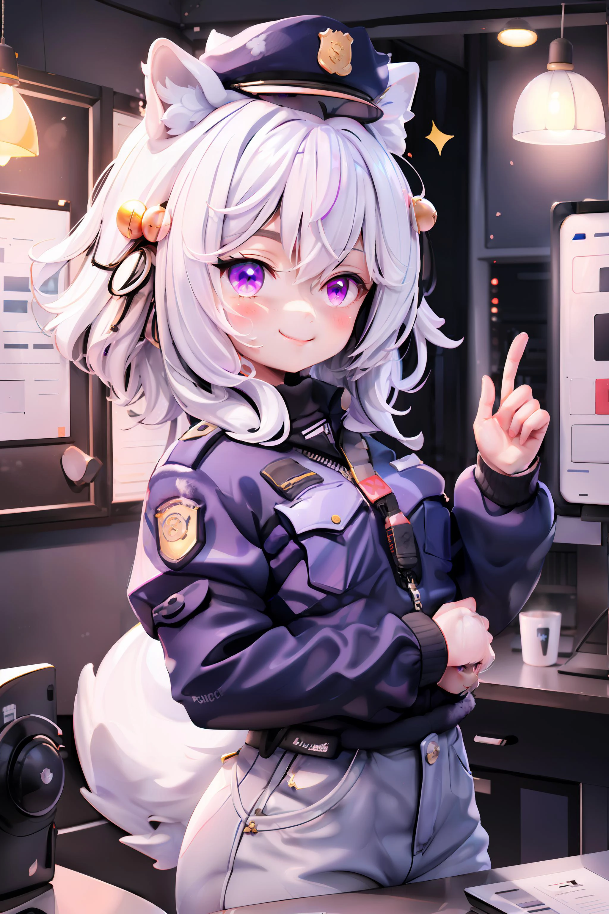 filian, 1girl, (solo:1.2), purple eyes, smiling, hair ornament, looking at viewer, animal ear fluff, hair bell, white hair, blush, tail, (police uniform:1.2), police station, indoor, <lora:filianV2:0.8>