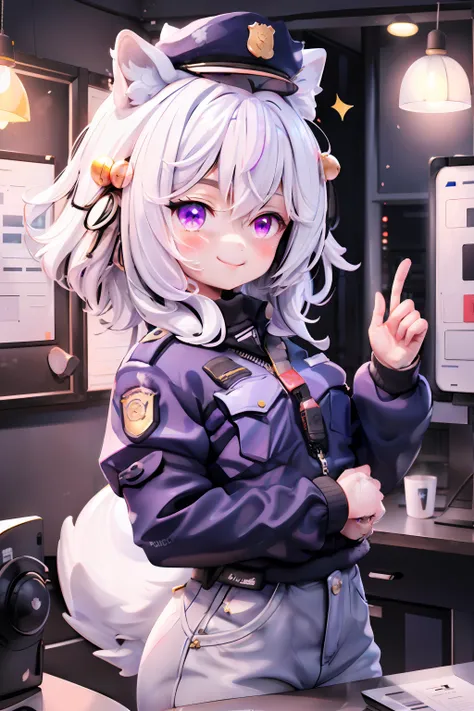 filian, 1girl, (solo:1.2), purple eyes, smiling, hair ornament, looking at viewer, animal ear fluff, hair bell, white hair, blush, tail, (police uniform:1.2), police station, indoor, <lora:filianV2:0.8>