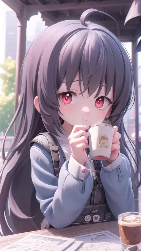 insanely detailed,ultra-highres,ultra-detailed,best quality,emotionless,masterpiece,high quality,depth of field,cafe,sharp focus,looking at viewer,casual wear, <lora:KasumizawaMiyu:1>,miyu  \blue archive\,red eyes