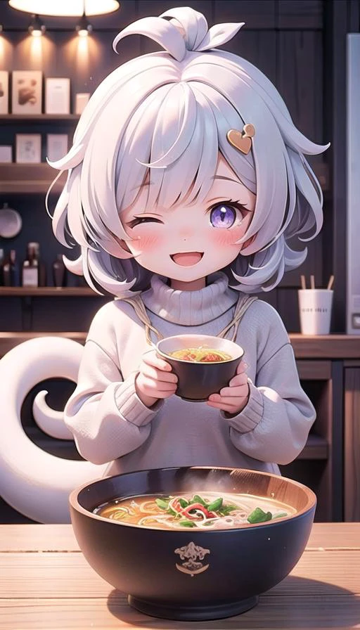 (masterpiece), 1girl, afro, thin fringe, amethyst eyes, ramen shop, sweater, haute couture, scenery, chibi, one eye closed, open mouth, smile, looking at viewer, sparkle, Jamaican Boa,