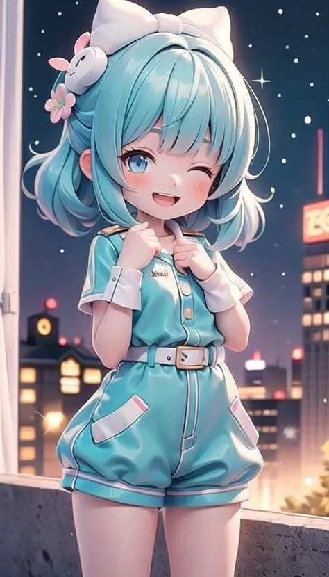 (masterpiece), 1girl, cropped pixie, round fringe, blue eyes, hotel, band uniform, romper, scenery, chibi, one eye closed, open mouth, smile, looking at viewer, sparkle, cute creature