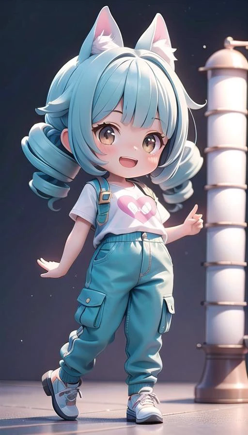 (masterpiece), 1girls, drill hair, short fringe, brown eyes, silo, Chibi, parachute pants, luxury fashion, open mouth, smile