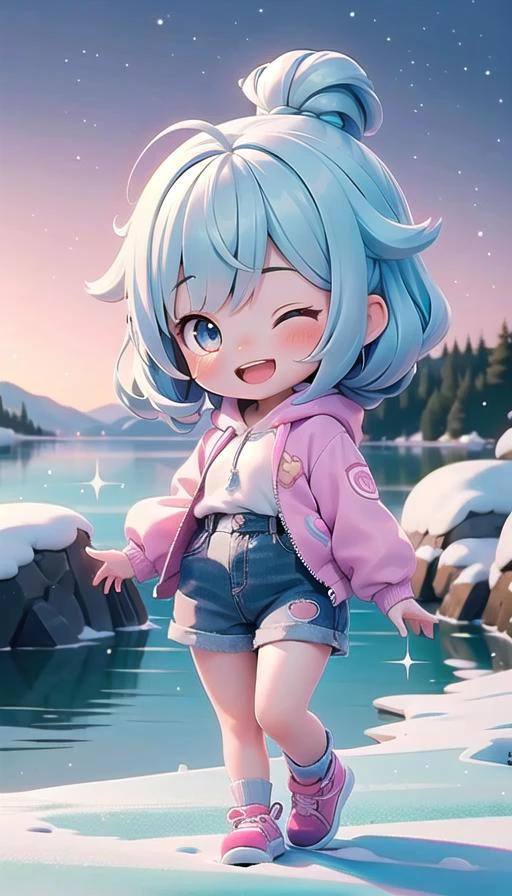 (masterpiece), 1girls, french twist, asymmetrical fringe, coral eyes, frozen lakeside, micro shorts, top, scenery, chibi, one eye closed, open mouth, smile, looking at viewer, sparkle