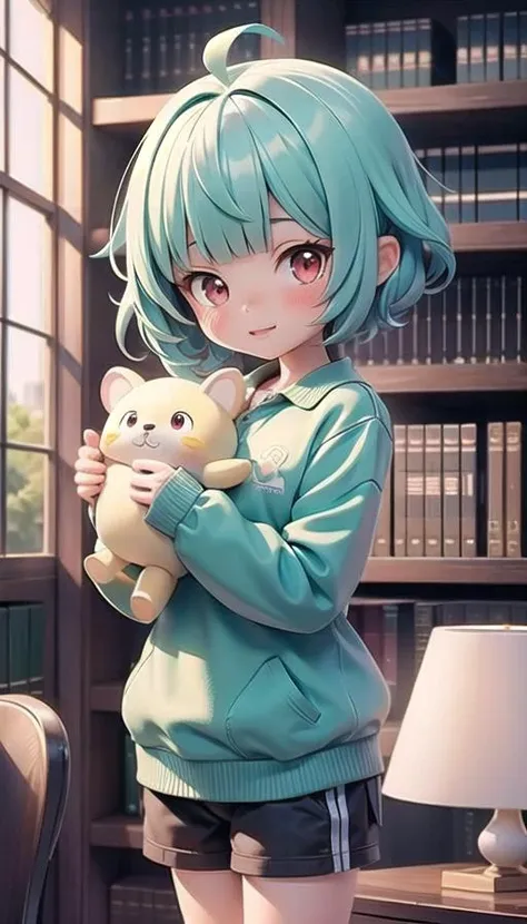 (masterpiece), 1girls, cropped pixie, round fringe, red eyes, library, Chibi, polo, sweatshirt,