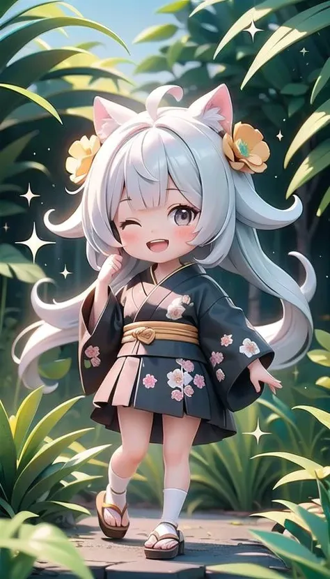 (masterpiece), 1girl, micro bangs, widow's peak, black eyes, jungle, kimono skirt, cashmere, scenery, chibi, one eye closed, open mouth, smile, looking at viewer, sparkle, cute creature