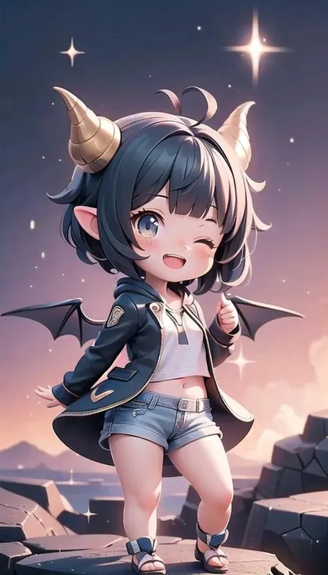 (masterpiece), 1girl, pixie cut with bangs, straight-across bangs, coral eyes, infernal palace, panties, shorts, scenery, chibi, one eye closed, open mouth, smile, looking at viewer, sparkle, Common Raven,