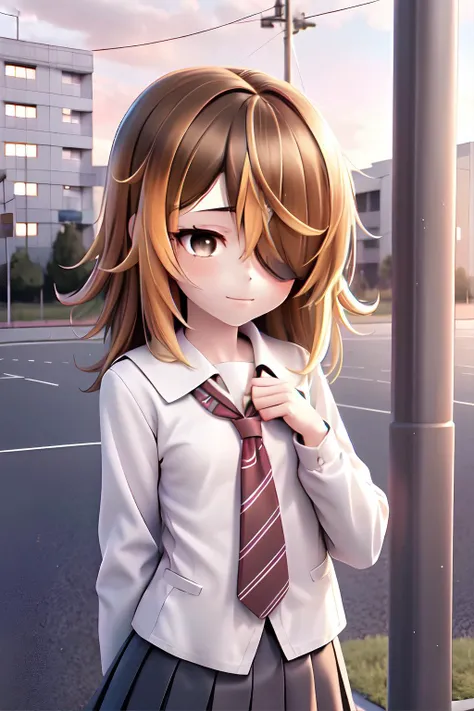 yubin, 1girl, medium hair,brown hair,brown eyes,flat chest, multicolored hair, hair_over_one_eye, solo, school uniform, skirt, outdoors,