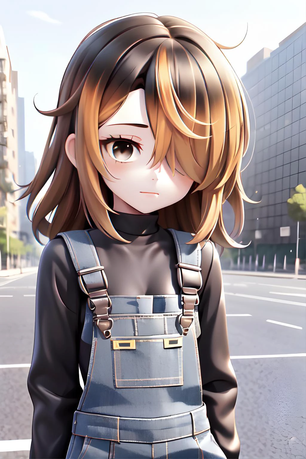 yubin, 1girl, medium hair,brown hair,brown eyes, flat chest, multicolored hair, hair_over_one_eye, solo, outdoors, grey overalls, black shirt,