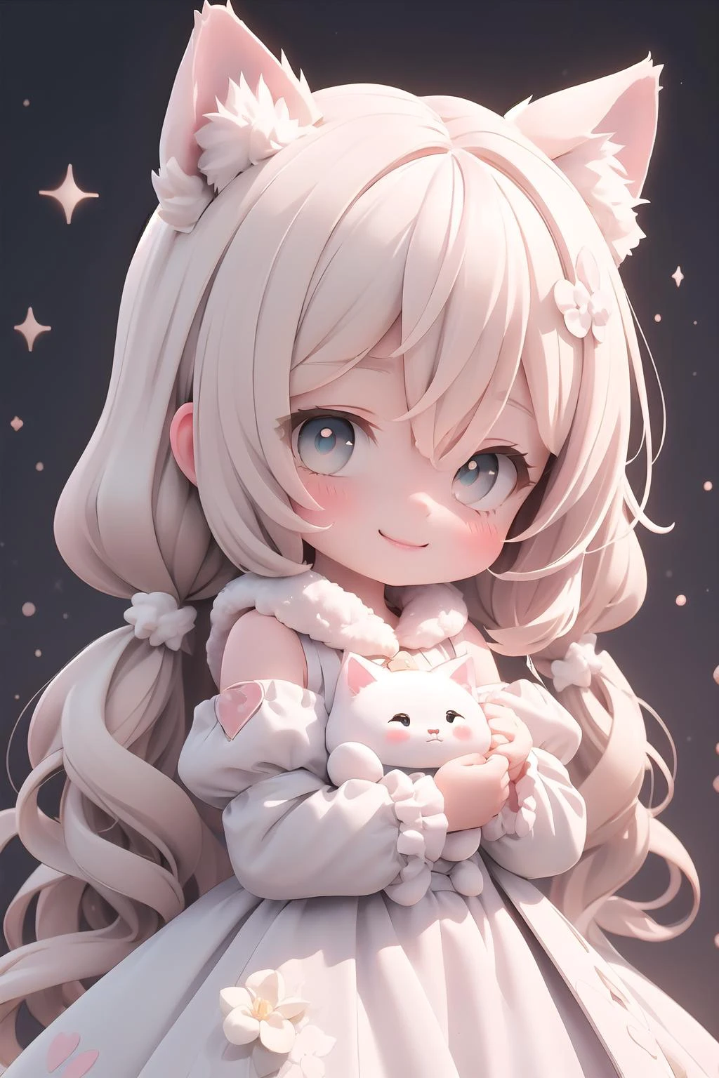 absurdres ,high res, perfect anatomy, ultimate detailed, high-resolution in elaborateness, (an extremely delicate and beautiful:1.2), realistic texture, (1 very cute chibi girl:1.3), solo,
blonde cat ears, blonde hair, (long side hair), long hair, disheveled hair, (detailed eyes:1.3), open eyes slightly, glowing sparkle, glowing style, glowing particle,
fluffy cute dress, smile, <lora:Glowing_style_lycoris_1.4:0.8>