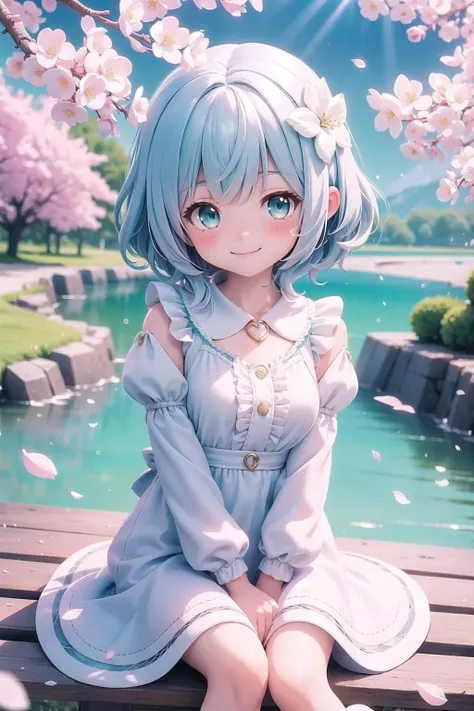 outdoors, cherry blossoms, sunlight, lake, dappled sunlight, light particles, light rays, 1girl, blush, smile, medium hair, white hair, aqua eyes, white dress, puffy sleeves, frills