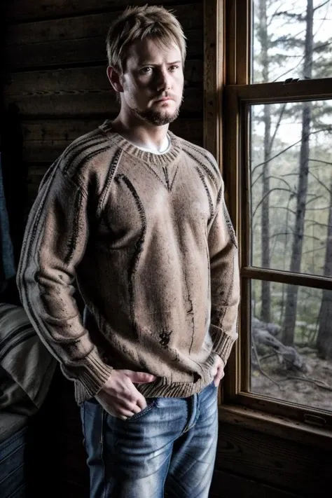 <lora:kyle_hyde_v2-20:0.8> kyle_hyde wearing a sweater and jeans standing at the window in a cabin in the woods