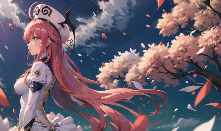 (from_side:1.5),upper_body,
green eyes,pink hair,long hair,ahoge,white headwear,head wings,
bodysuit,leotard,
fierce wind,sky,(falling petals:1.5),cherry_blossoms,Flower Sea,(tight:1.5),(cover nipples:0.8),
Very detailed hair,Very detailed flowers,
(lala satalin deviluke:1.2),<lora:èè-人ç©-åºå
ç女-礼æ:0.8>,(incredibly absurdres:1.3),(huge filesize:1.2),Cinematic Lighting,(Volumetric Lighting:1.2),realistic,reality,photo_(medium),smile,kind_smile,dusk,gradient_sky,Bright colors,Cute girl,Beautiful background,