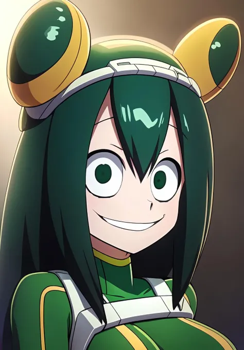 <lora:tsuyu_asui:0.8>, tsuyu_asui, (masterpiece, best quality,perfect lighting), 1girl, solo, smirk, portrait, bodysuit, headgear,