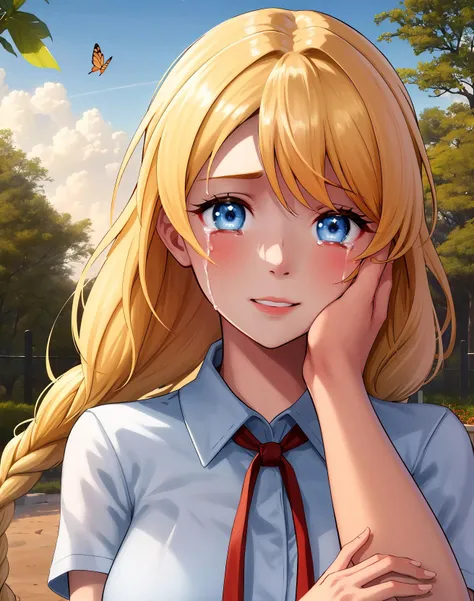 (Masterpiece, Best Quality, Highres :1.2), volumetric lighting, fine detail, perfect face, (1Girl,pov, solo focus, upper body, hand on another's cheek:1.2), sl, twin braids,blonde hair, blue eyes, (school uniform), outside, forest, bushes, clouds, sun, happy, tree, smiling,crying tears, parted lips, happy, narrow eyes, butterflies, <lora:SlavyaLoraV5:0.7>