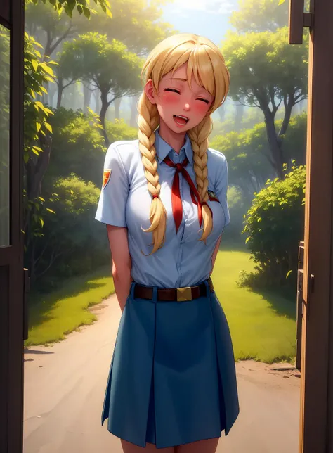 (Masterpiece, Best Quality, Highres :1.2), volumetric lighting, fine detail, perfect face, 1Girl,sl, twin braids,blonde hair, blue eyes, school uniform, belt, outside, forest, bushes, pov, from below, clouds, sun, happy, laughing, open mouth, closed eyes, butterflies <lora:SlavyaLoraV5:0.85>, arms behind back, (bent forward), blushing