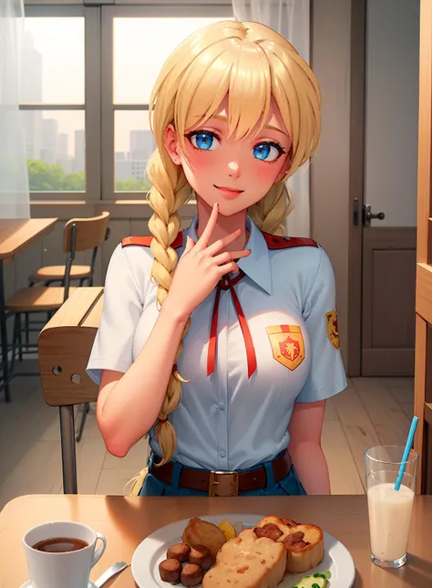 (Masterpiece, Best Quality, Highres :1.2), volumetric lighting, fine detail, perfect face, 1Girl,sl, twin braids,blonde hair, blue eyes, school uniform, belt, sitting on chair across table, mess hall, pov, upper body , tilted head, smiling,  box of milk, food tray, one eye closed, windows, <lora:SlavyaLoraV5:0.85>, holding hand with viewer
