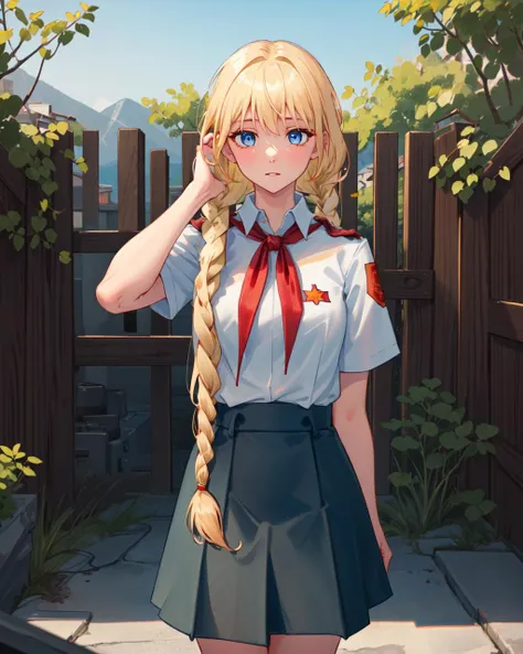 masterpiece, best quality, blue eyes, twin braids, blonde hair, long hair, hair over shoulder, blue skirt, white collared shirt, red neckerchief, outdoors, <lora:SlavyaLoraV5:1>