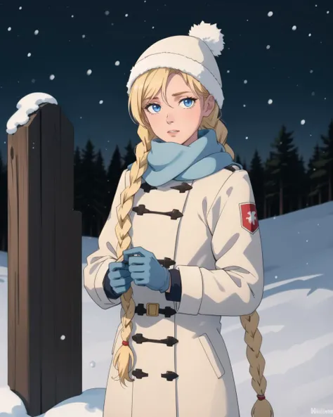 masterpiece, best quality, blue eyes, twin braids, blonde hair, long hair, hair over shoulder, white gloves, puffy yellow winter coat, winter hat, scarf, looking at viewer, standing, night, winter, snow, outdoors, <lora:SlavyaLoraV5:1>