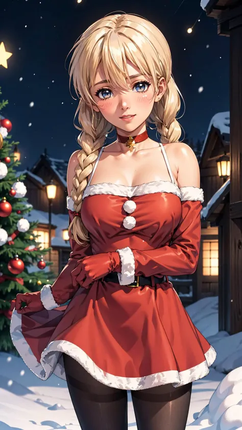 masterpiece, best quality, <lora:SlavyaLoraV5:0.7>, sl, twin braids, blonde hair, blue eyes, 1girl, solo, tan skin, large breasts, very long hair, ((red santa dress, sleeveless, black pantyhose)), red choker, warm light, rtx, hdr, pink lips, cute, black eyes makeup, light smile, shy, blush, outside, stars, atmospheric, portrait, bokeh, amazing background, snowing, christmas lights, christmas , winther, snow,