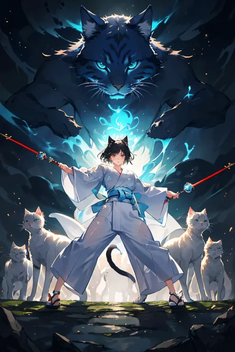 (masterpiece,best quality:1.5), ultra realistic,32k,RAW photo,(high detailed skin:1.2), from below, 8k uhd, dslr, (blue glowing:1.2), (100 cats:1.3)
BREAK
(flying giant cat:1.3)
BREAK
(1 girl), (full body:1.2), Green eyes gleaming with intensity, Adorned in an elegant, Show her wielding a lightning-infused spear, ready to strike with agility and precision, Pose her in a dynamic stance, capturing her heightened reflexes and fluid movement, ((White cat patterned Yukata)) , cat ears, ((Human face)), taoist, <lora:taoist_20230623200708-000018:0.5:MIDD>