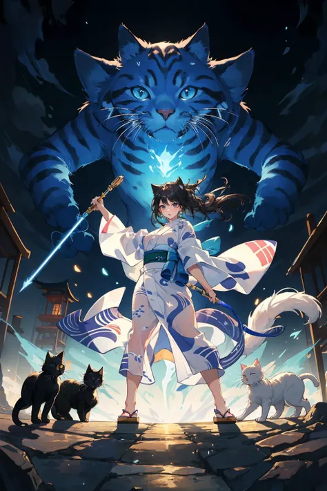 (masterpiece,best quality:1.5), ultra realistic,32k,RAW photo,(high detailed skin:1.2), from below, 8k uhd, dslr, (blue glowing:1.2), (100 cats:1.3)
BREAK
(flying giant cat:1.3)
BREAK
(1 girl), (full body:1.2), Green eyes gleaming with intensity, Adorned in an elegant, wielding a lightning-infused spear, ready to strike with agility and precision, dynamic stance, capturing her heightened reflexes and fluid movement, ((White cat patterned Yukata)) , cat ears, ((Human face)), taoist, <lora:taoist_20230623200708-000018:0.4>