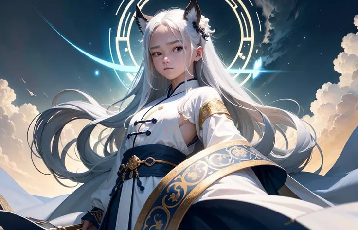 Clear picture,beautiful detailed sky,masterpiece,best quality ,extremely detailed 8k wallpaper,1 male child taoist wearing pure white robe, <lora:taoist_20230623200708:0.36>,looking at viewer,elegant face,detailed face,ready to fight,long hair,white hair,action pose,he is standing in front of transparent glowing female taoist, PIXIV,bright eyes,cool face,clear and proper fingers