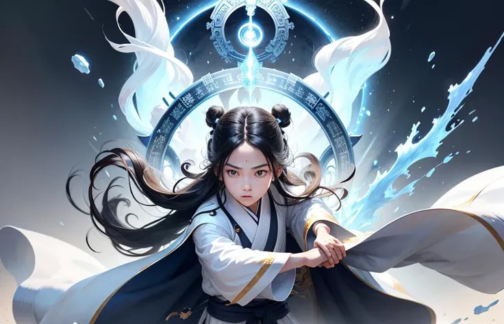 Clear picture,beautiful detailed sky,masterpiece,best quality ,extremely detailed 8k wallpaper,1 male child taoist wearing pure white robe,holding water element weapon <lora:taoist_20230623200708:0.36>,looking at viewer,elegant face,detailed face,ready to fight,long hair,black hair,action pose,he is standing in front of transparent glowing female taoist, PIXIV,bright eyes,cool face