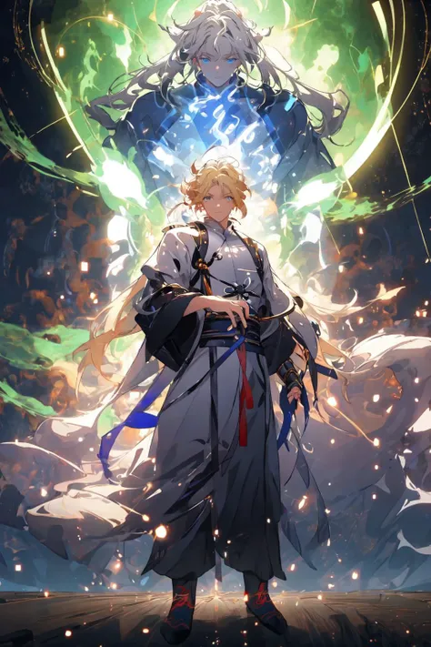 , (masterpiece:1.2), best quality,PIXIV,  taoist,
a character standing in front of blonde glowing  taoist,transparent,
<lora:taoist_20230623200708-000018:1>