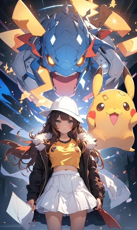 (masterpiece:1.2), best quality,PIXIV BREAK taoist, she is standing in front of yellow glowing giant pikachu,transparent,<lora:PIKAPOKE:1:OUTD>pikapoke <lora:taoist_20230623200708:1:0,0,0,0,0,1,0.8,1,0,0,0,0,1,1,1,1,1> BREAK 1girl, looking at viewer, yellow shirt,  (Pikachu crop top),<lora:Pokemon_croptop:1:CLOTHING>  BREAK (white skirt:1.2)