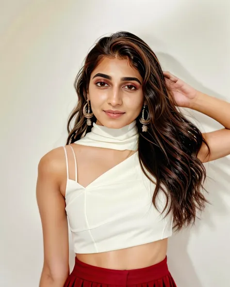 portrait photo of a vdka:0.8 woman, wearing intricate high-neck white and red ghagra choli, solo, serious look, nose piercing, plain white background bokeh <lora:vdka_Vedika_Pinto_SD15_LoRA_prodigy_local_regs_HNepochs:1>