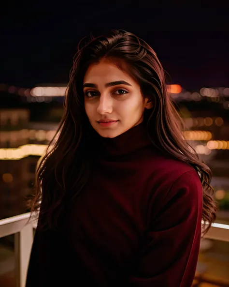 portrait photo of a vdka woman, wearing high-neck Burgundy clothing, solo, serious look, night time, city lights  in background bokeh    <lora:vdka_Vedika_Pinto_SD15_LoRA_prodigy_local_regs_HNepochs:1>