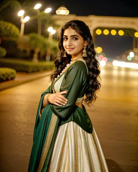 photo of a vdka woman, wearing conservative Olive Indian clothing, solo, smiling, night time, city lights  in background bokeh    <lora:vdka_Vedika_Pinto_SD15_LoRA_prodigy_local_regs_HNepochs:1>