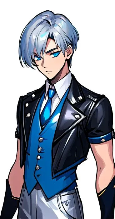 (masterpiece, best quality), cinematic lighting, volumetric lighting, intricate details, 1boy, (simple background, white background:1.2), blue and silver leather tailcout, silver leather vest, silver gloves, blie leather pants, silver hair, blue  eyes, confident, tousled hair,  <lora:artbytokiame:0.6>, artbytokiame, red tie, <lora:ConceptsFN:0.8>, concept, upper body