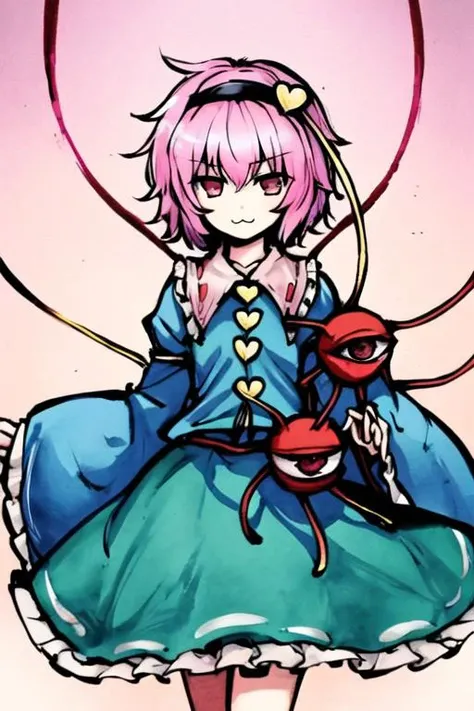 <lora:artbytokiame:1.0>, touhou, 1girl, ((komeiji satori)), ((masterpiece, best quality)), ink painting, short hair, pink hair, (blue shirt: 1.5), (pink skirt: 3.0), black headband, yellow string,