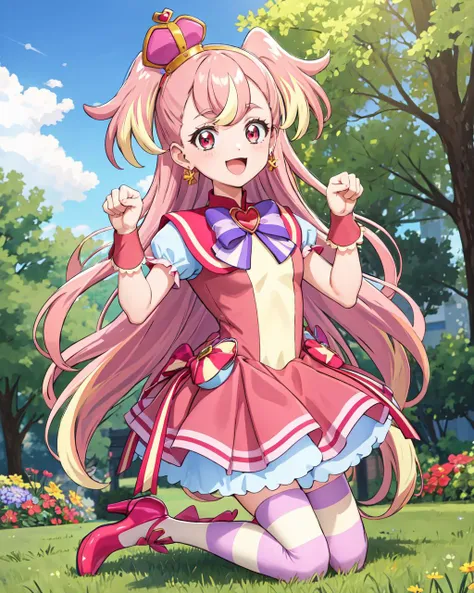 masterpiece, best quality, looking at viewer, depth of field, full body, paw pose, dynamic pose, kneeling, 
1girl, <lora:locon_cure_wonderful_02-000024:0.75>, cure wonderful, pink hair, two side up, striped thighhighs, red dress, petticoat, crown, hairband, puffy short sleeves, wrist cuffs, earrings, ribbon, open mouth, :3, multicolored hair, multicolored eyes, multicolored dress, very long hair, high heels, 
 smile, lens flare, garden, outdoors, blue sky, park, on grass,