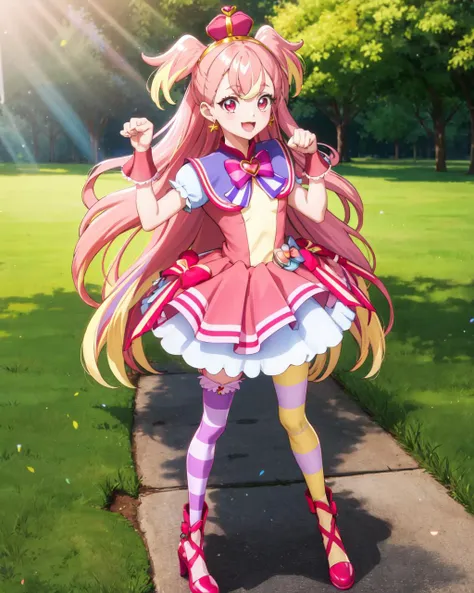 masterpiece, best quality, looking at viewer, depth of field, standing, full body, paw pose, dynamic pose,
1girl, <lora:locon_cure_wonderful_v1:0.75>, cure wonderful, pink hair, two side up, striped thighhighs, red dress, petticoat, crown, hairband, puffy short sleeves, wrist cuffs, earrings, ribbon, open mouth, :3, multicolored hair, multicolored eyes, very long hair, high heels, multicolored dress,
smile, lens flare, garden, outdoors, blue sky,  park, on grass,