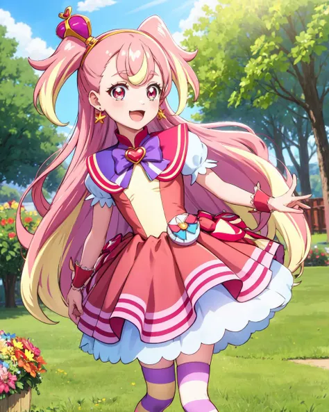 masterpiece, best quality, looking at viewer, depth of field, standing, dynamic pose,
1girl, <lora:locon_cure_wonderful_v1:0.75>, cure wonderful, pink hair, two side up, striped thighhighs, red dress, petticoat, crown, hairband, puffy short sleeves, wrist cuffs, earrings, ribbon, open mouth, :3, multicolored hair, multicolored eyes, very long hair, high heels, multicolored dress,
smile, lens flare, garden, outdoors, blue sky,  park, on grass,