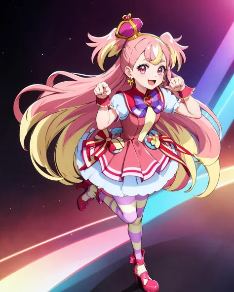 masterpiece, best quality, looking at viewer, depth of field, standing, full body, paw pose, dynamic pose, 
1girl, <lora:locon_cure_wonderful_v1:0.75>, cure wonderful, pink hair, two side up, striped thighhighs, red dress, petticoat, crown, hairband, puffy short sleeves, wrist cuffs, earrings, ribbon, open mouth, :3, multicolored hair, multicolored eyes, multicolored dress, very long hair, high heels, 
smile, lens flare, gradient background, vivid color,