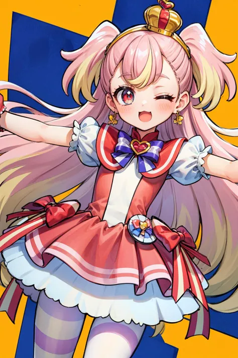 masterpiece,best quality,1girl,cure wonderful,multicolored eyes,very long hair,multicolored hair,pink hair,two side up,crown,hairband,earrings,red dress,multicolored dress,petticoat,puffy short sleeves,wrist cuffs,ribbon,striped thighhighs,(happy),one eye closed,open mouth,:3,spread arms,multicolored background,colorful background,cowboy shot,dutch angle,<lora:Concept-control tool-add_detail-CyberAIchemist:0.9>,<lora:locon_cure_wonderful_02:0.8>,