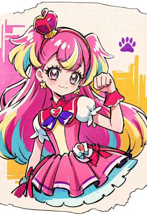 masterpiece,best quality,1girl,cure wonderful,multicolored eyes,very long hair,multicolored hair,pink hair,two side up,crown,hairband,earrings,red dress,multicolored dress,petticoat,puffy short sleeves,wrist cuffs,ribbon,(happy),:3,paw pose,paw print background,multicolored background,colorful background,upper body,<lora:Concept-control tool-add_detail-CyberAIchemist:0.3>,<lora:locon_cure_wonderful_02:0.8>,<lora:KamikitaV2:0.8>,