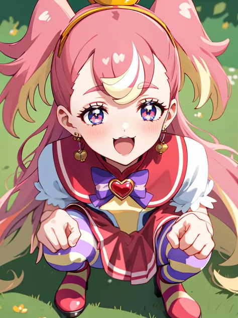 <lora:locon_cure_wonderful_02:0.8>,(cure wonderful),pink hair,two side up,(petticoat:1.1),(striped thighhighs),red dress,(crown),hairband,puffy short sleeves,wrist cuffs,earrings,ribbon,multicolored hair,multicolored eyes,very long hair,high heels,multicolored dress,open mouth,:3,
1girl,solo,((portrait)),looking up,(close-up:1.2),from above,
greenary,blue_sky,grass,park,
(eyes in highlight),(beautiful detailed eyes),smile,blush,looking at viewer,(half-closed eyes:1.2),
medium breasts,skindentation,upper teeth,round teeth,
squatting,paw pose,spread legs,
straight-on,uncensored,(anime screencap),masterpiece,best quality,incredibly absurdres,highres,