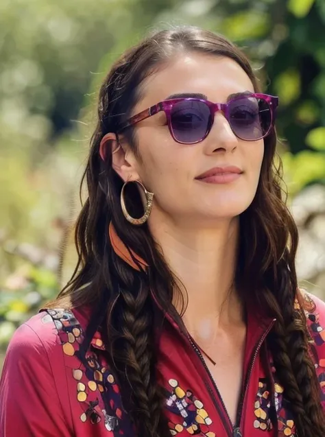(art by Greg Rutkowski:1.1) , photograph, Profound slight Czech burcu_ozberk, Two-Tone Braids hairstyle, Fuchsia Glasses, warm garden, Sunny, FOV 90 degrees, Illustration, Guilty, Sots Art, film grain, Sony A9 II, 50mm, Cathode tube, <lora:burcu-000020:0.75>