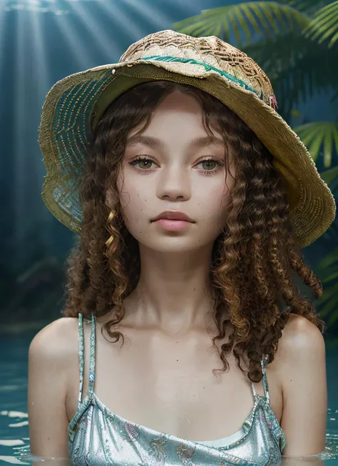 portrait of skswoman, sad , wearing floppy hat and luxury fashion , with blonde Curtain bangs, background Atlantis: A lost city of great wisdom and power, now drowned beneath the sea, epic (photo, studio lighting, hard light, sony a7, 50 mm, matte skin, pores, colors, hyperdetailed, hyperrealistic), <lyco:Nico Parker:1.1>