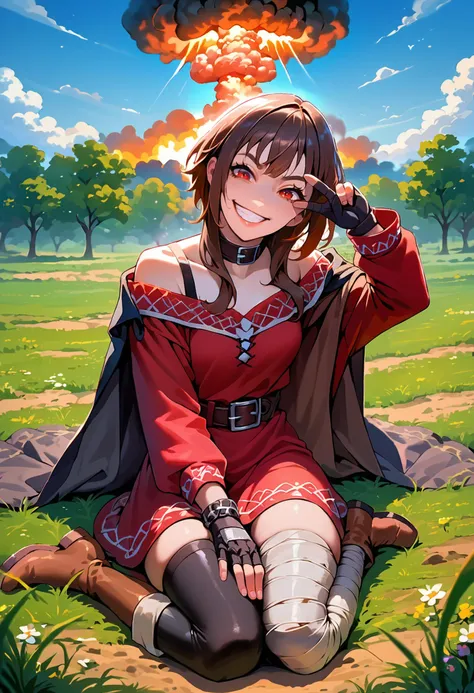 score_9,score_8_up,score_7_up,source_anime,fantasy,grass,1girl,<lora:AEMegumin:0.8>,AEMegumindef,red eyes,Brown hair,Belt choker,red dress,off-shoulder dress,Black gloves,fingerless gloves,Belt,mismatched legwear,asymmetrical legwear,bandaged leg,black thighhighs,knee boots,Black cape,<lora:VctryVsg_pdxl_EliPot>,vgtsav,hand on own face,<lora:Nuclear_Explosion:0.8>,Nuclear Explosion,Nuclear Explosion in the Background,evil smile,laughing,